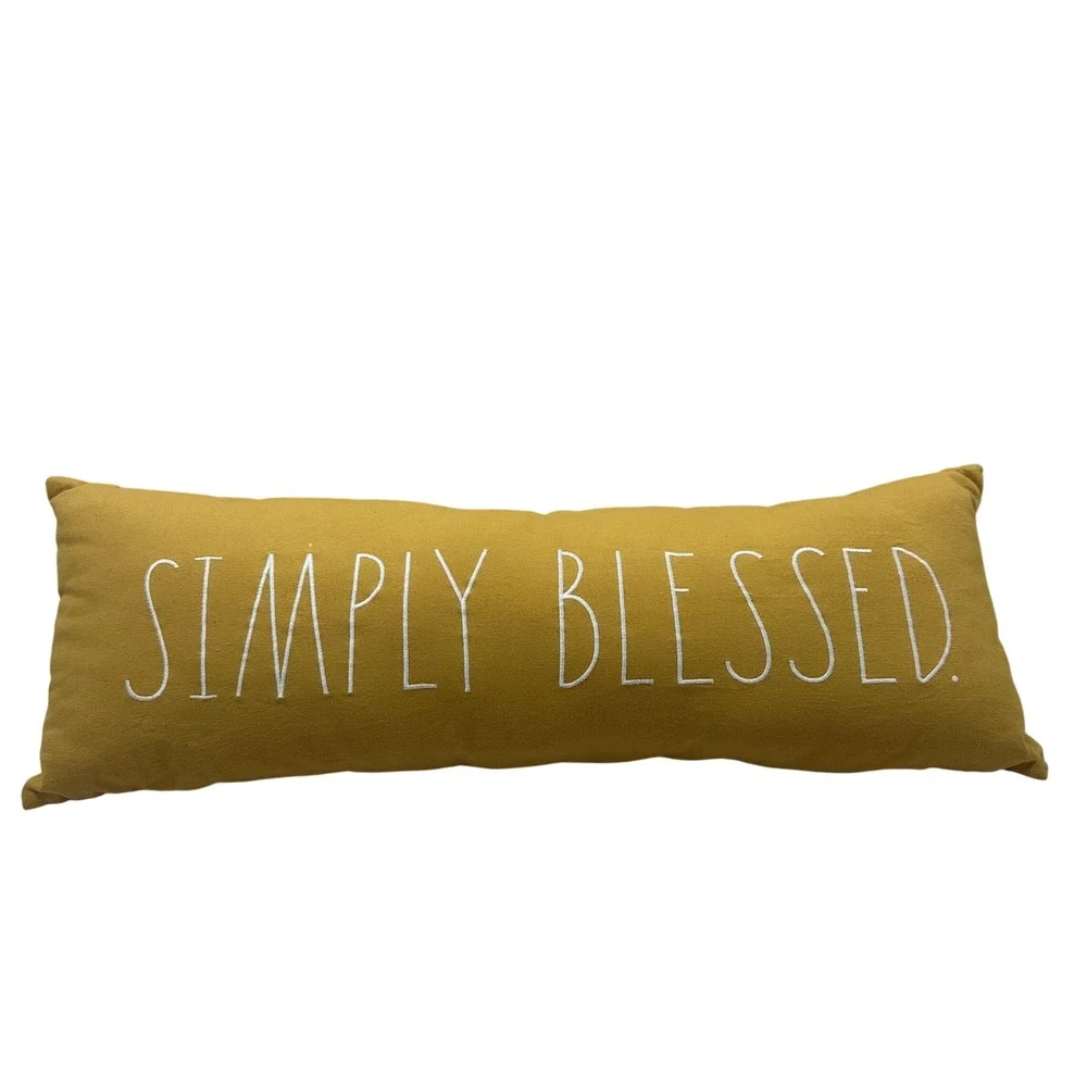 Rae Dunn Simply Blessed Mustard Yellow Lumbar Pillow 34x12 Embroidered Farmhouse